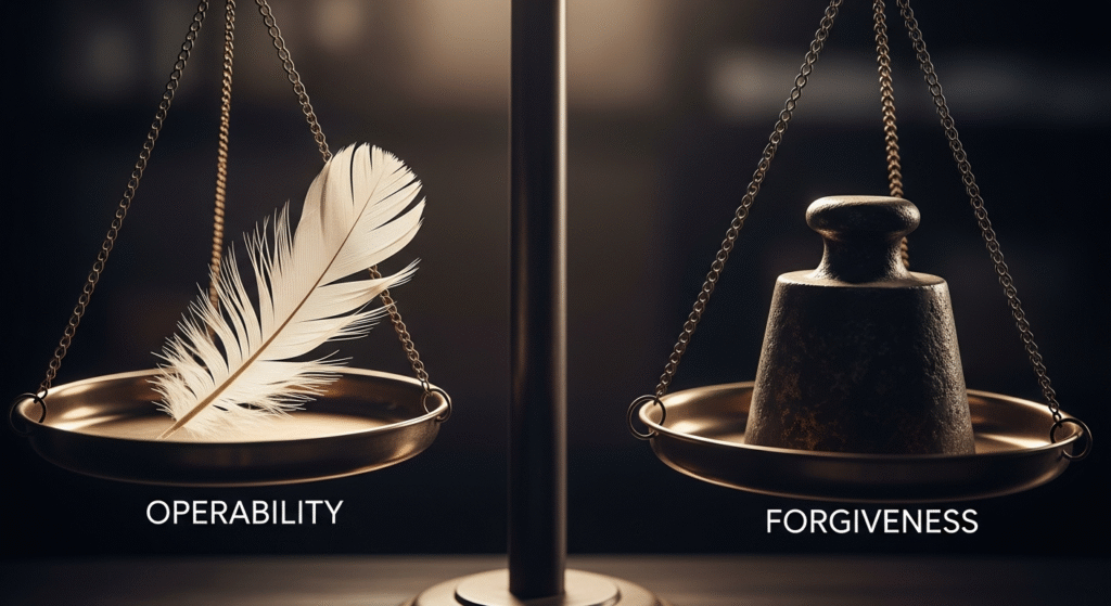 羽が乗せられ「OPERABILITY」と書かれた左の皿と、重りが乗せられ「FORGIVENESS」と書かれた右の皿を持つ天秤が、右の皿が下がった状態で傾いている様子。