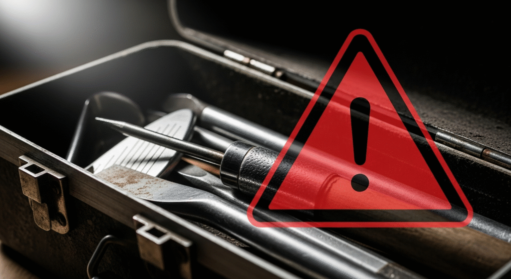 開いた工具箱にゴルフ用具のような金属製の道具が収められ、赤い警告マークが大きく重ねられています。