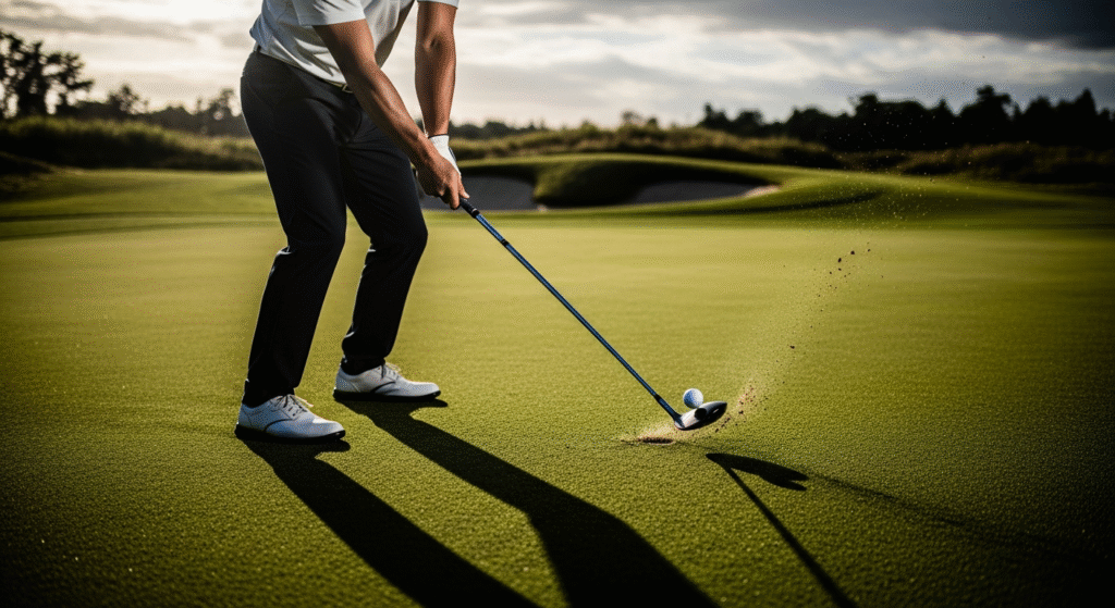 ゴルフコースでゴルファーがボールを打つ瞬間、土が飛び散り、長い影が伸びている様子。