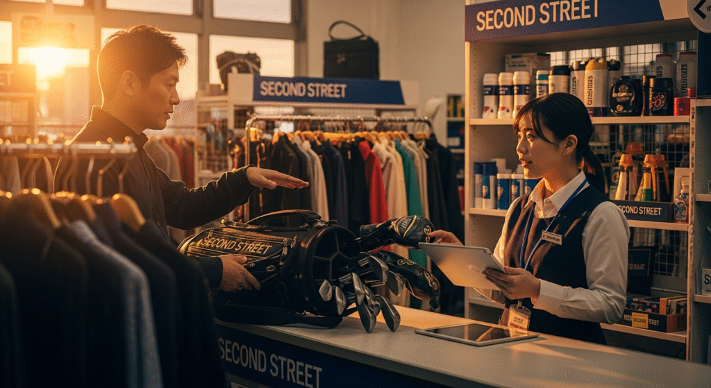 セカンドストリートのカウンターで、タブレットを持つ女性店員が男性客のゴルフバッグを査定している。