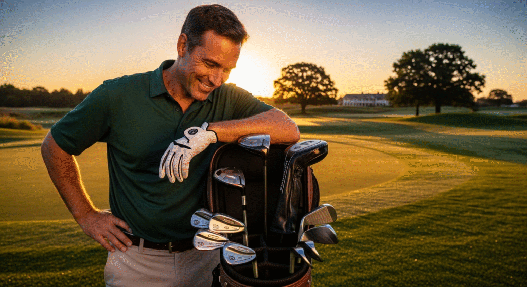 夕暮れのゴルフコースで、笑顔の男性がゴルフクラブのバッグにもたれかかっています。