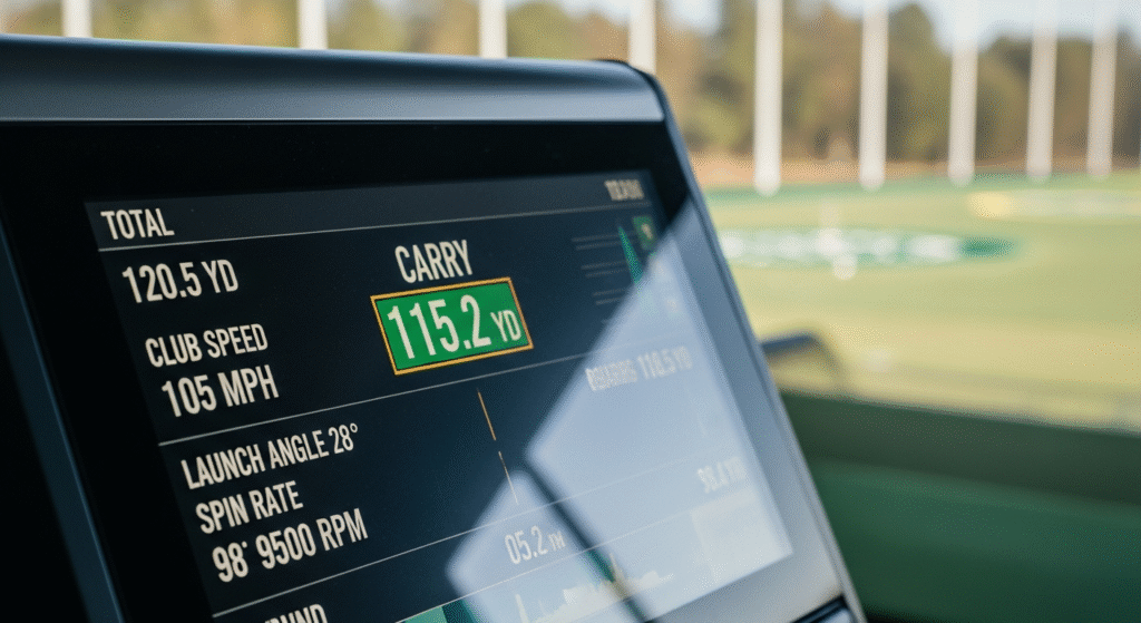 ゴルフ練習場を背景に、キャリー115.2ヤードが緑色で強調表示されたゴルフのショットデータ画面です。