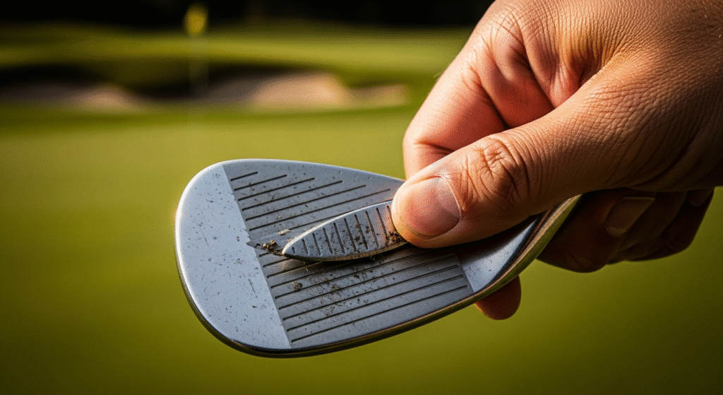 手が、汚れたゴルフクラブのフェースの溝をクリーニングツールで掃除している様子。