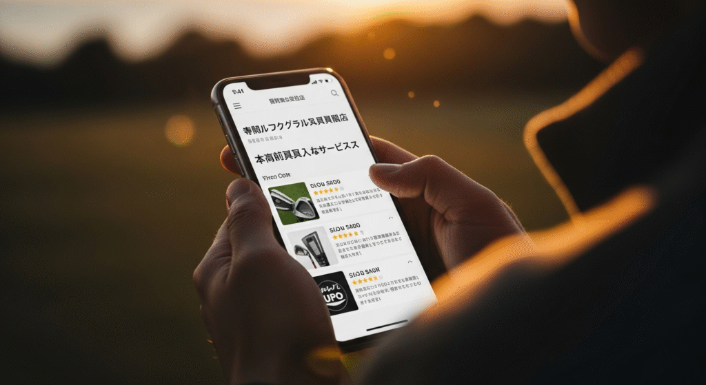 夕日が差し込む屋外で、ゴルフクラブのレビューが表示されたスマートフォンを両手で操作する人物。