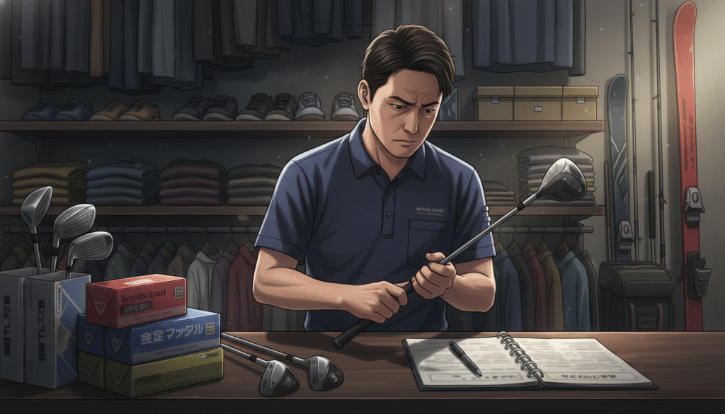 スポーツ用品店らしき場所で、ポロシャツを着た男性がゴルフドライバーを手に真剣な表情で点検しており、周囲には衣類や他のスポーツ用品が並んでいます。