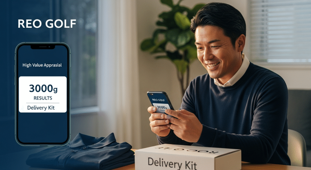 「REO GOLF」の文字とスマホ画面に「3000g RESULTS」という査定結果を見て笑顔の男性がおり、手前には配送キットとポロシャツが置かれています。