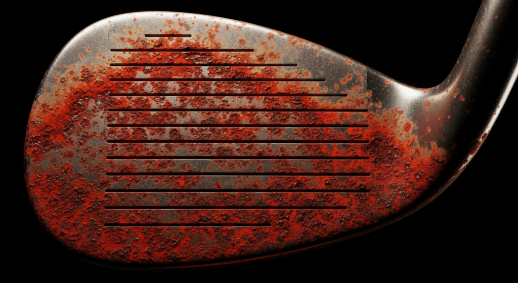 ざらざらとした赤錆が広がる、金属製のゴルフクラブのフェースのクローズアップ。