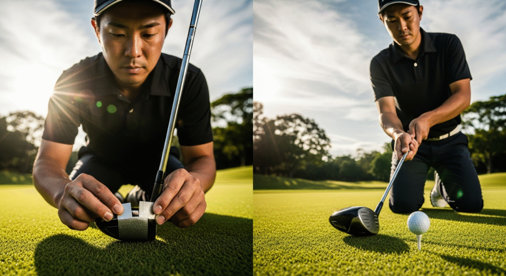ゴルフコースで、男性ゴルファーがクラブにテープを貼って調整し、その後、ティーアップしたボールをドライバーで打つ準備をしている。