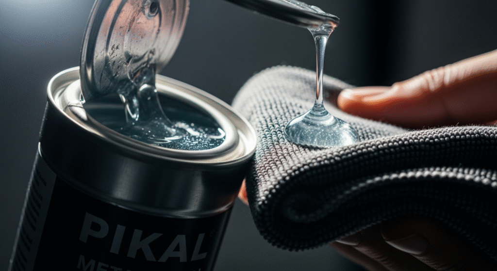 金属研磨剤の缶から透明な液体がスプーンで掬われ、グレーのマイクロファイバークロスに垂らされているクローズアップ写真。