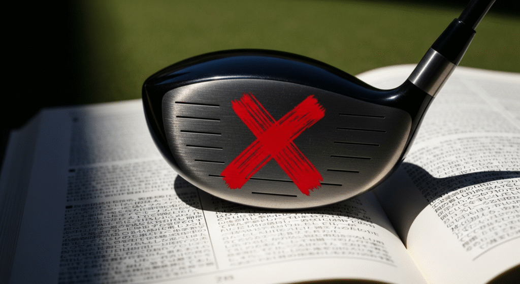 開いた本の上に、赤いバツ印が描かれたゴルフクラブのヘッドが置かれています。