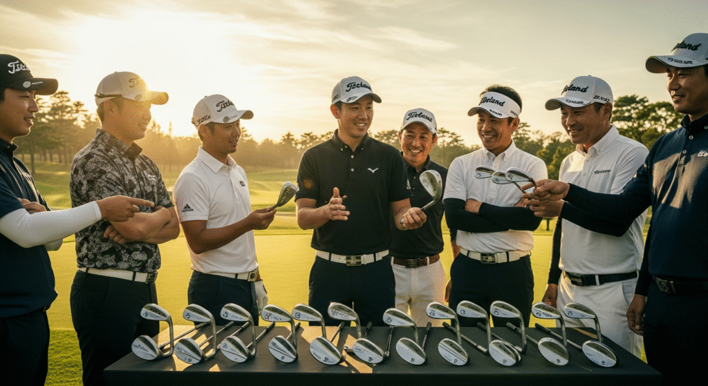 夕焼けのゴルフ場で、複数の男性ゴルファーがウェッジを展示したテーブルを囲んで笑顔で話している。