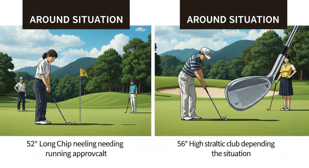 ゴルフコースで、女性が52度のウェッジでロングチップを打つ状況と、男性が56度のウェッジで高弾道のショットを選ぶ状況の2つのイラストが並べて描かれています。
