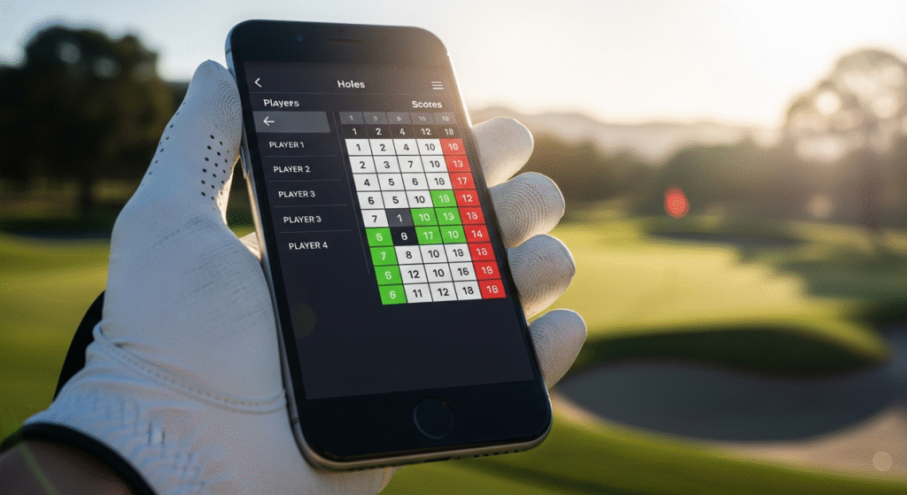 ゴルフグローブを着用した手が、夕暮れのゴルフコースを背景に、ゴルフのスコアが色分け表示されたスマートフォンアプリの画面を持っています。