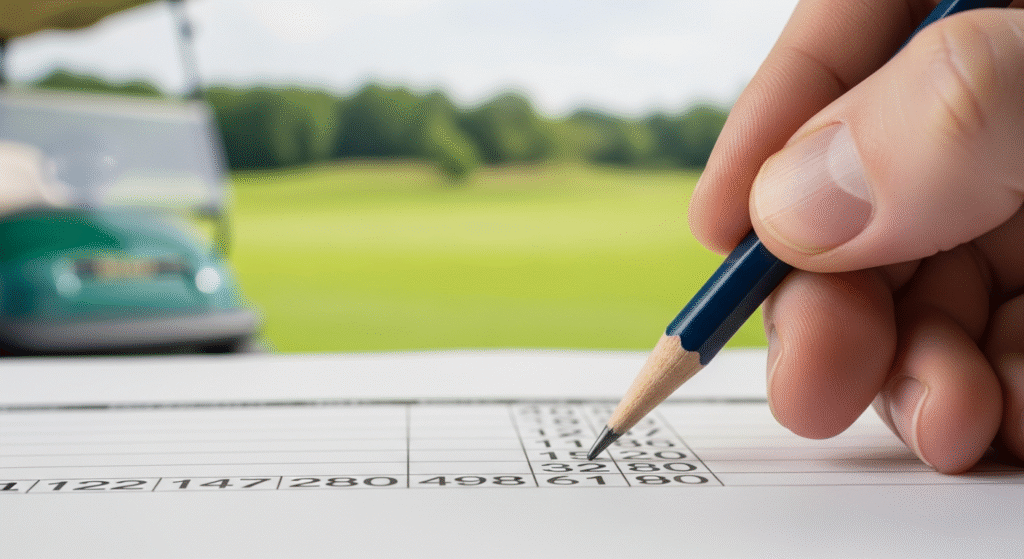 鉛筆を持った手がゴルフのスコアカードに数字を書き込んでおり、背景にはゴルフコースとゴルフカートがぼやけて見える。