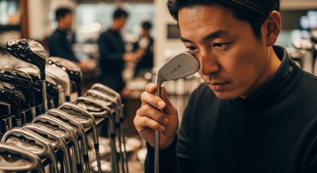 ゴルフクラブが並ぶ店内で、男性がJUCIEと刻印されたアイアンクラブのフェースを近距離で真剣に調べている。