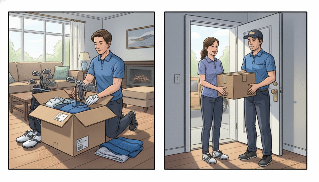 2コマのイラストには、男性がゴルフ用品を箱詰めしている様子と、配達員がその箱を女性に届けている様子が描かれています。