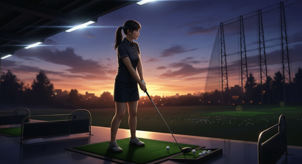 夕焼け空の下、ゴルフ練習場でクラブを構える女性。