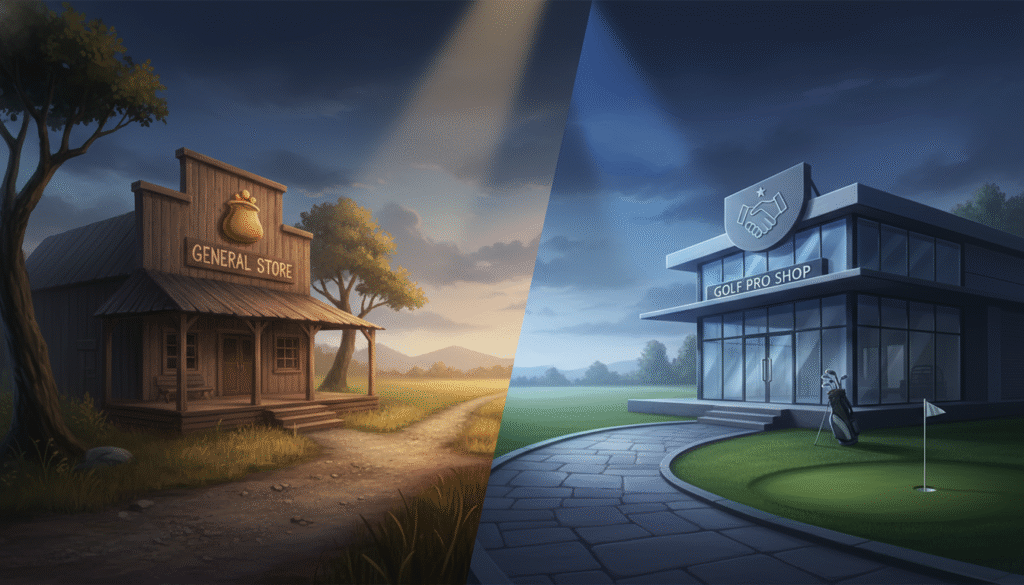 斜めに分割された画像で、左側は素朴な「GENERAL STORE」が立つ田園風景に温かい光が、右側は近代的な「GOLF PRO SHOP」が立つゴルフコースに冷たい光がそれぞれ差し込む、対照的な二つの世界が描かれています。