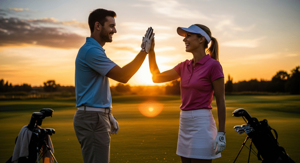 夕焼けのゴルフコースで、笑顔の男女がハイタッチしている。
