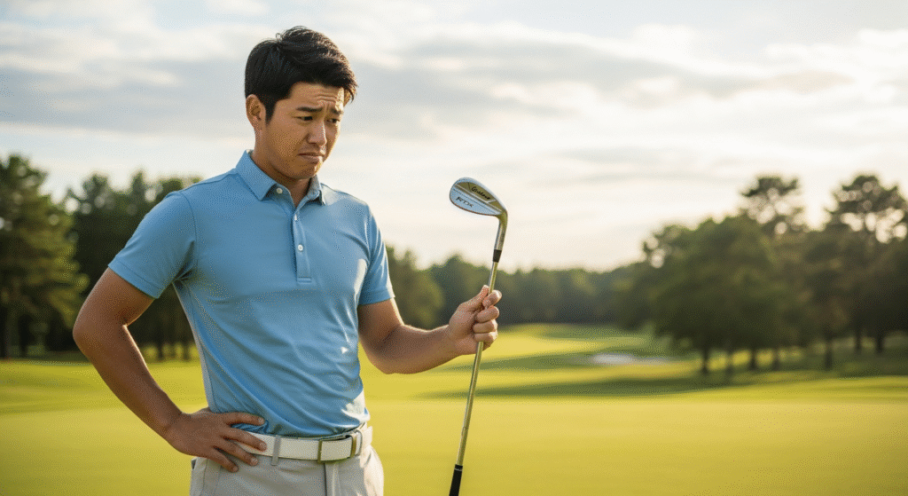 ゴルフ場で、ゴルフウェアを着た男性が困惑した表情でゴルフクラブ(ウェッジ)を見つめています。