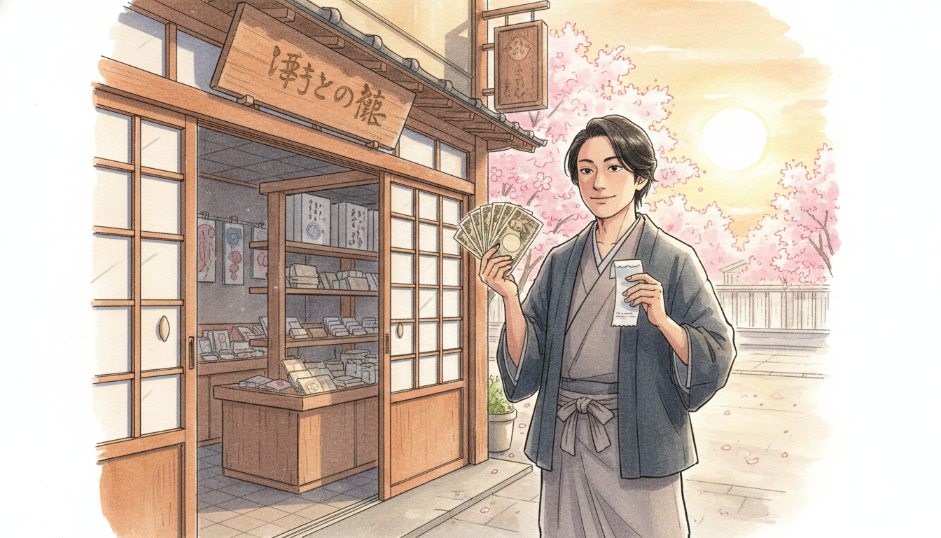 日本の伝統的な商店の前に立つ着物姿の男性が、日本円の札束とレシートを手に微笑んでおり、背景には桜と夕日が描かれたイラスト。