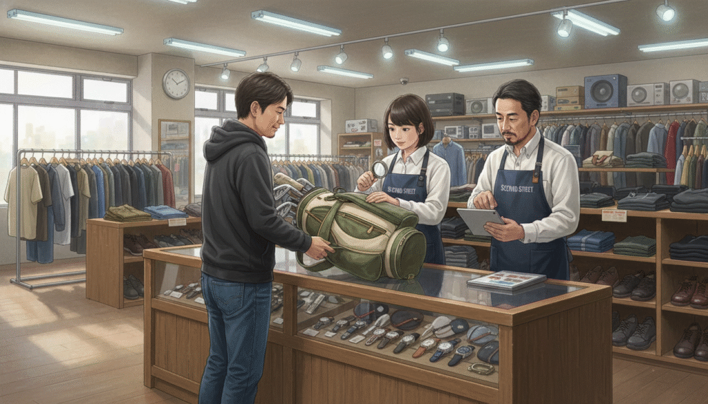 リサイクルショップで、男性客がゴルフバッグを査定に出し、女性店員がルーペで品物を確認し、男性店員がタブレットで手続きを行っている場面。