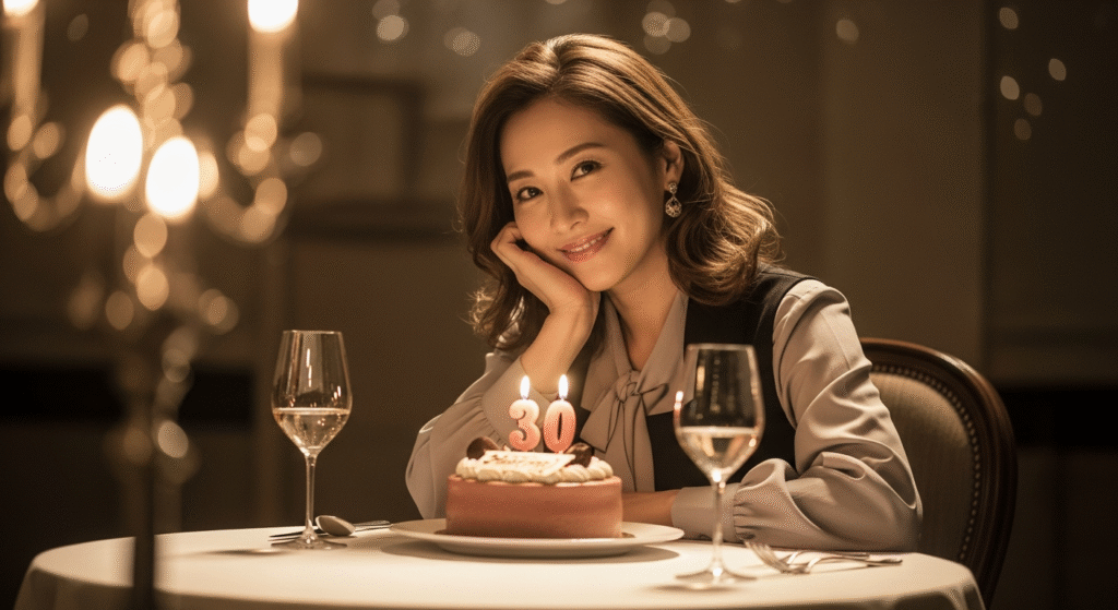 ぼやけた光が輝く温かい空間で、笑顔の女性が頬に手を当て、30のロウソクが灯る誕生日ケーキとワイングラスが置かれたテーブルに座っています。