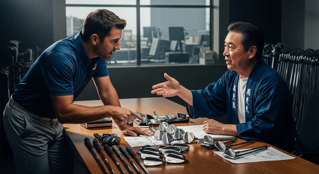 法被を着たアジア人男性とゴルフウェアを着た白人男性が、多数のゴルフ用品と設計図が並ぶテーブルで話し合っています。