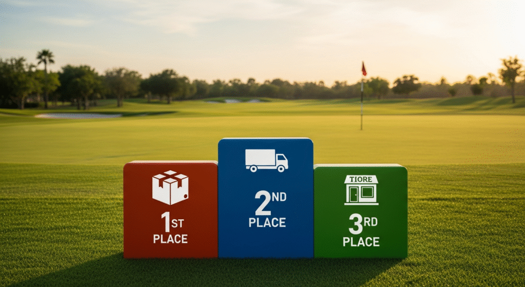 夕暮れのゴルフコースを背景に、パッケージの箱（1位）、配送トラック（2位）、店舗（3位）のアイコンと順位がそれぞれ描かれた、赤・青・緑の3つのブロックが並んでいます。