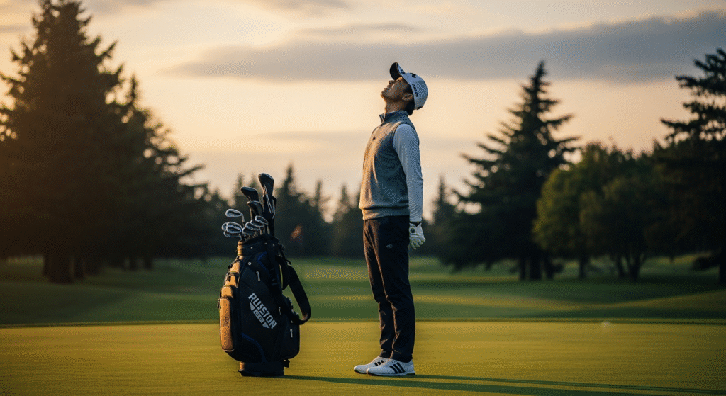 夕暮れのゴルフコースのグリーンで、男性ゴルファーがゴルフバッグの隣に立ち、空を見上げています。