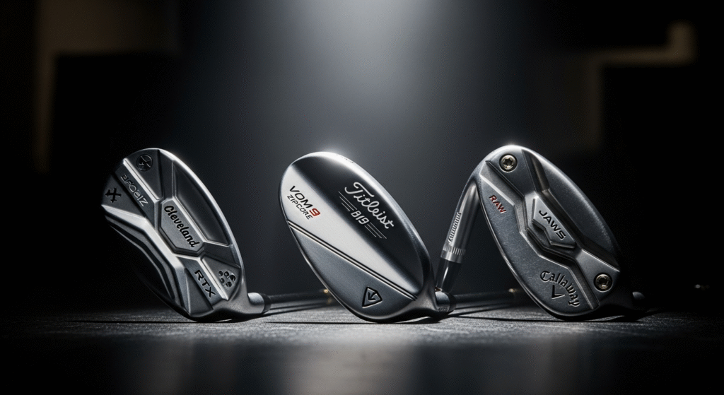 暗い背景に、Cleveland、Titleist、Callawayの3つのゴルフウェッジのヘッドが並べられた製品写真です。