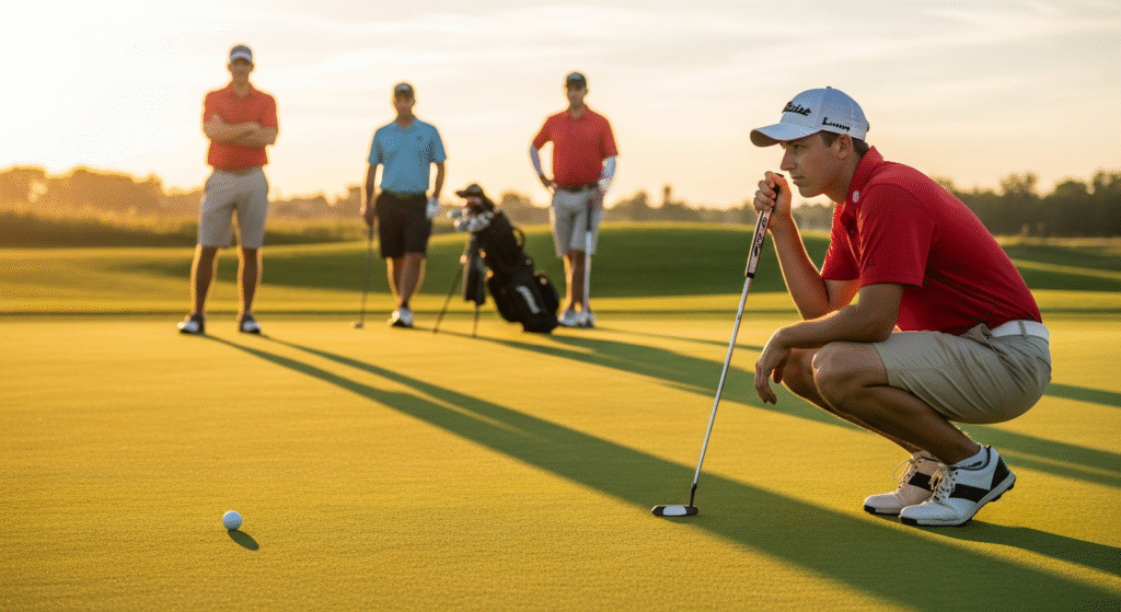 夕日が差し込むゴルフ場で、赤いシャツの男性ゴルファーがかがんでボールのラインを読んでおり、後方には他のゴルファーとゴルフバッグがぼやけて見える。