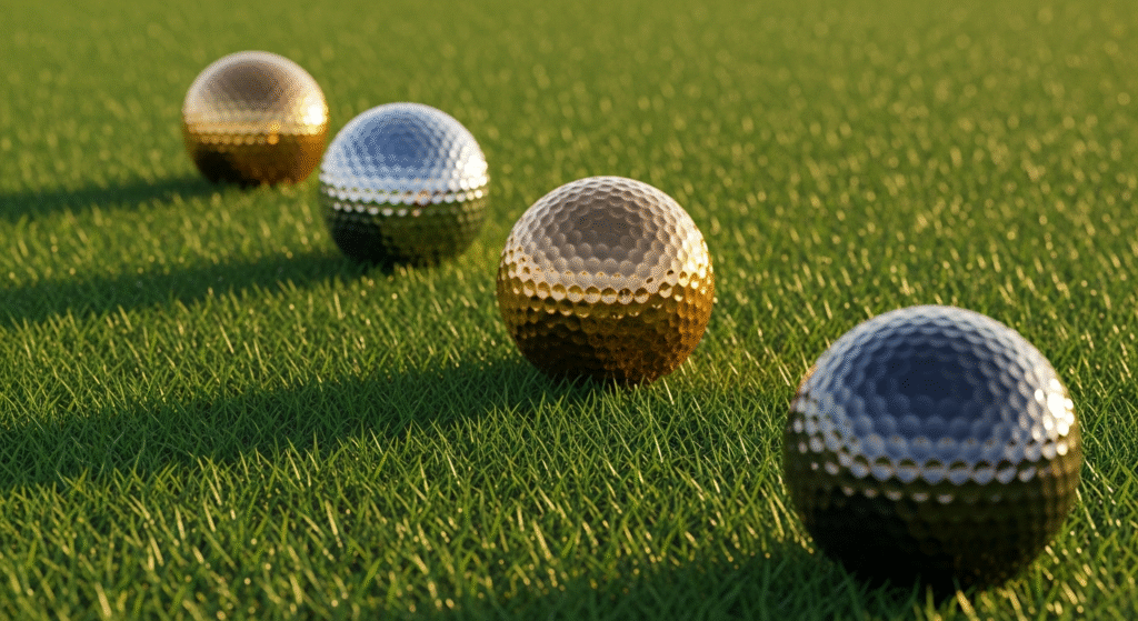 緑の芝生の上に、金、銀、黒色のメタリックなゴルフボールが4つ、斜めに並んでいます。