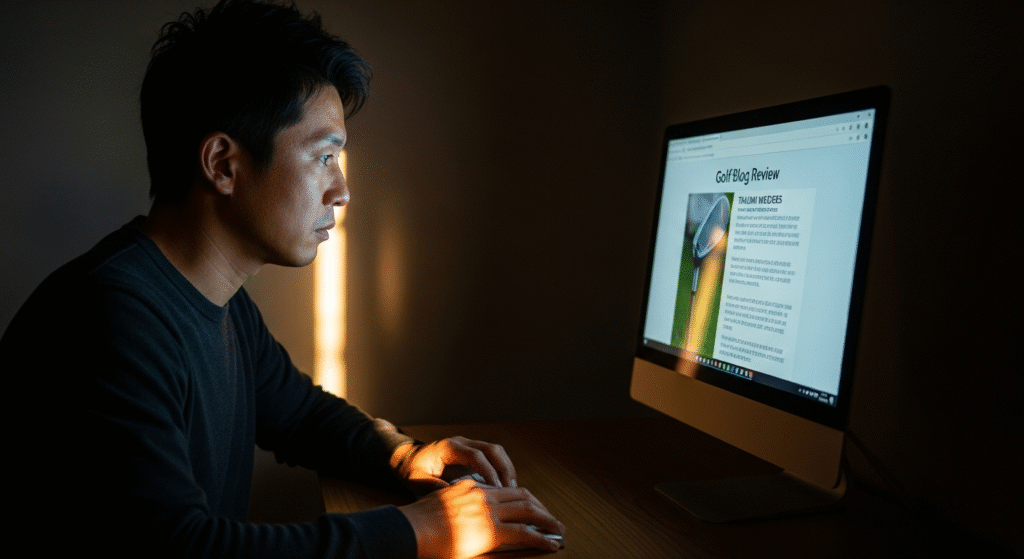 薄暗い部屋で、パソコンの画面と横から差し込むオレンジ色の光に照らされた男性が、ゴルフブログを閲覧しています。