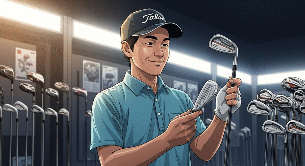 ゴルフ用品店で、ゴルフキャップとポロシャツを着た笑顔の男性がゴルフクラブを吟味している。