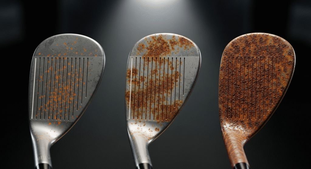 左から右へ、錆が軽度なものから重度なものへと進行する3つのゴルフウェッジのフェース面が並べられています。