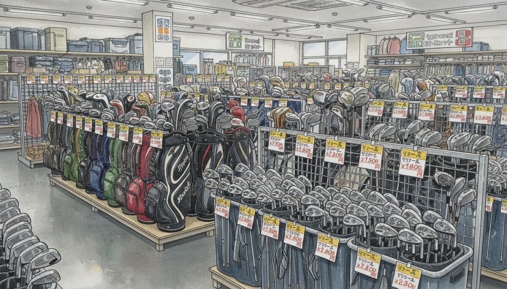 日本語の値札が多数ついたゴルフクラブとゴルフバッグが所狭しと並べられた日本のゴルフ用品店の店内。
