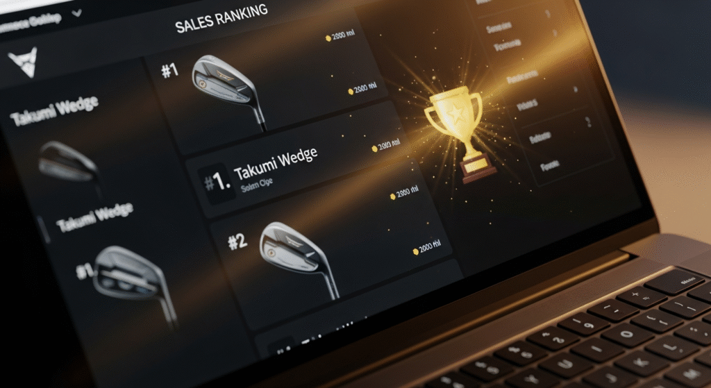 ゴルフクラブ「Takumi Wedge」が1位にランクインし、輝くトロフィーが表示されたeコマースの販売ランキング画面が映るラップトップ。
