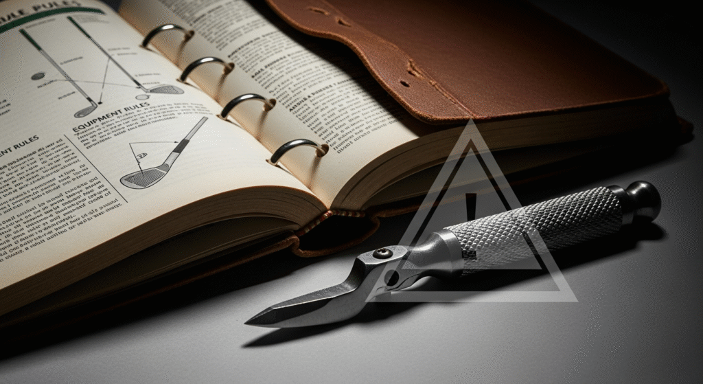 ゴルフクラブのルールが書かれた開いた本と、隣に金属製の溝切りツールが置かれています。