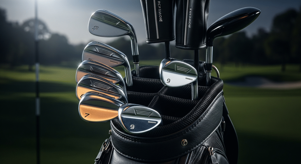 ゴルフコースを背景に、黒いゴルフバッグに複数のゴルフクラブが収められ、太陽の光を反射している様子。