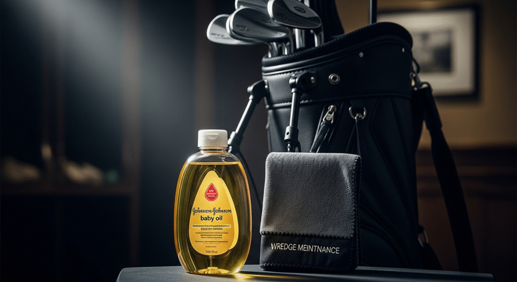 ジョンソンベビーオイルのボトルと「WREDGE MEINTNANCE」と書かれた布、そして背景のゴルフバッグに収められたゴルフクラブが写る静物写真。