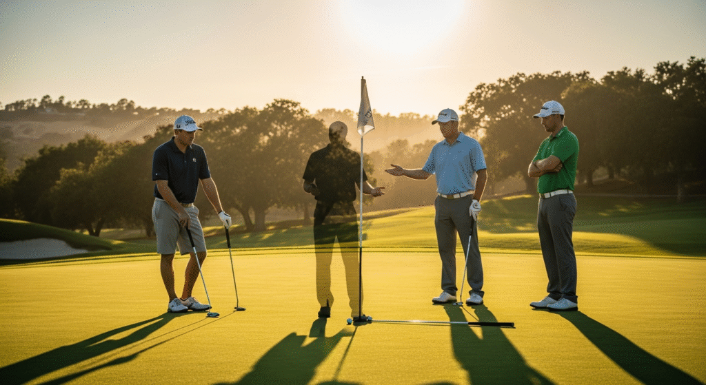 夕暮れのパッティンググリーンで、旗竿の前に立つ透明なゴルファーの姿を、3人のゴルファーが注意深く見守っています。