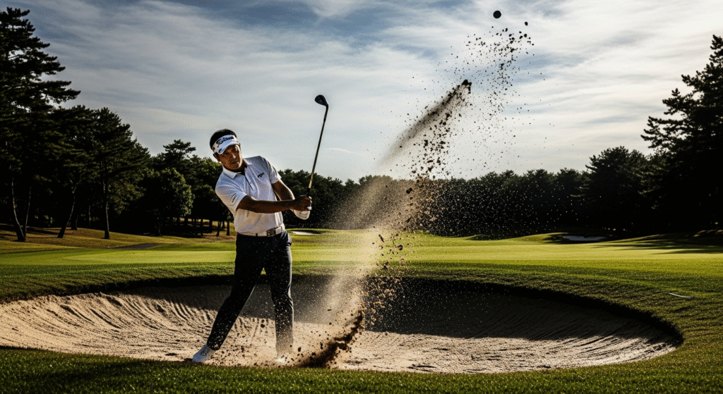 男性ゴルファーがバンカーからボールを打つ瞬間を捉えており、大量の砂がダイナミックに舞い上がっている。