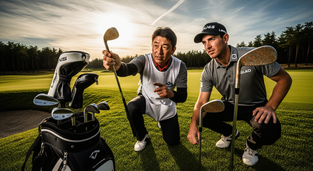 ゴルフコースで、キャディまたはインストラクターがゴルフクラブを手に、ゴルファーに説明している場面。