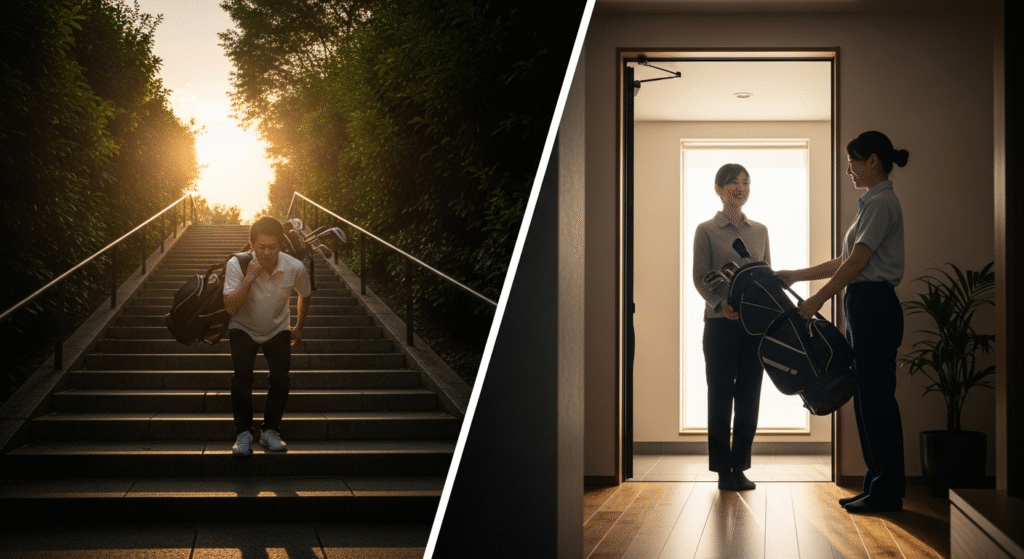 ゴルフバッグを抱え夕日差す階段を下る男性と、玄関でそのゴルフバッグを受け渡す二人の女性が写っています。