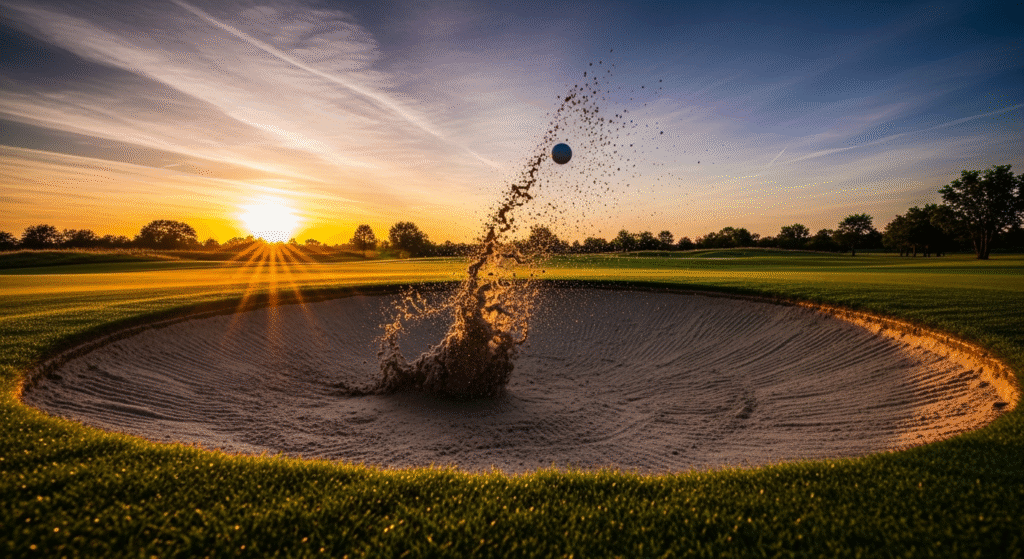 夕日を背景に、ゴルフコースのバンカーからゴルフボールと砂が勢いよく飛び散る瞬間。