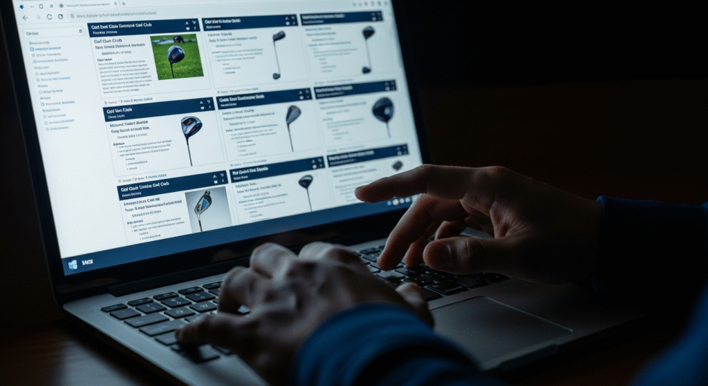 薄暗い室内で、人がゴルフ用品のリストが表示されたラップトップを操作しています。