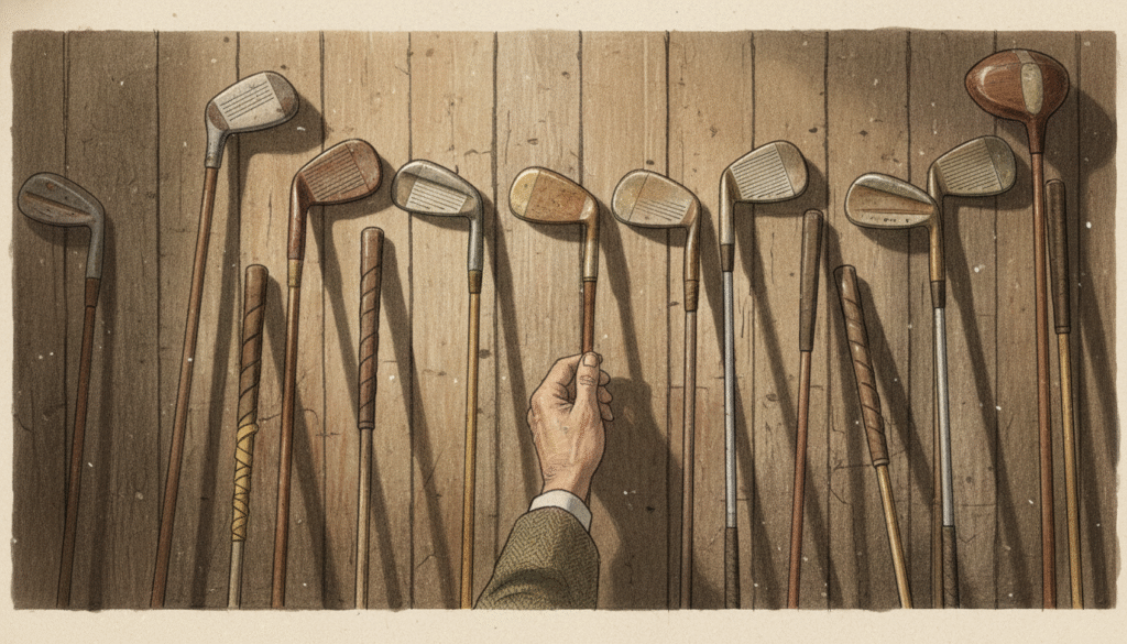木の壁に立てかけられた10本のゴルフクラブの中から、中央の1本に手を伸ばす男性のイラスト。