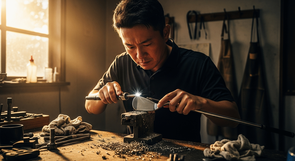 陽光が差し込む工房で、職人の男性がゴルフクラブのヘッドを研磨しており、明るい火花が光っている。