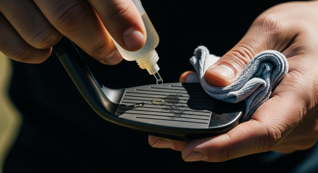 ゴルフクラブのフェースに小瓶からクリーニング液を垂らし、マイクロファイバークロスで磨いている手のクローズアップ。